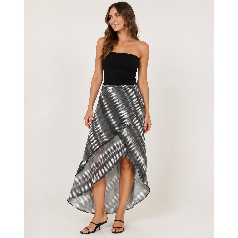 Express Womens Black White Tie Dye High Low Maxi Skirt Size M Chiffon Tulip Hem